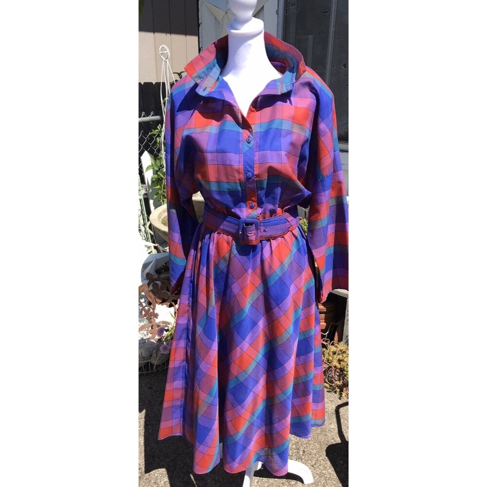 Vtg 80's AMERICAN SHIRT DRESS Women’s M L 13 Geo Color Block Belted Shldr Pads